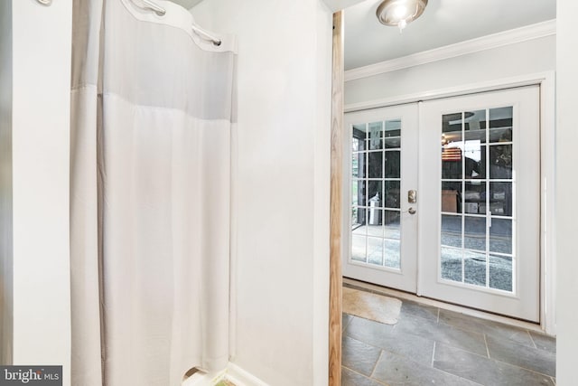 full bathroom with french doors, curtained shower, and crown molding