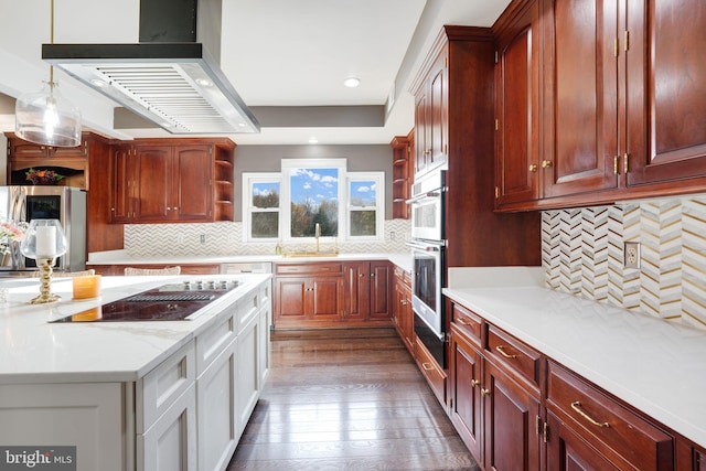 kitchen with dark wood finished floors, appliances with stainless steel finishes, open shelves, a sink, and exhaust hood