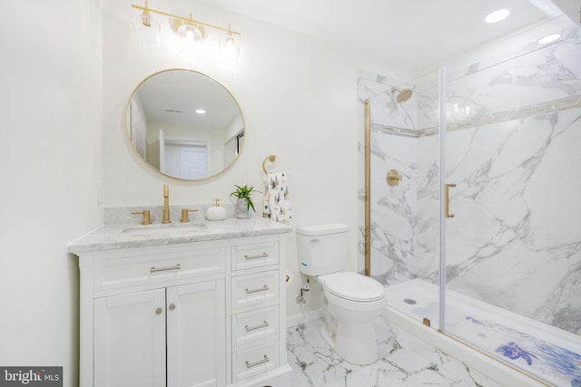 bathroom featuring toilet, recessed lighting, vanity, marble finish floor, and a marble finish shower