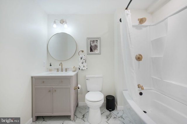 bathroom featuring shower / tub combo, baseboards, toilet, marble finish floor, and vanity