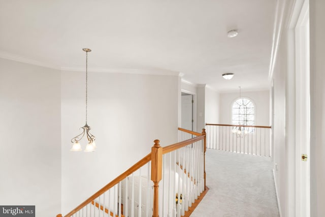 corridor with a chandelier, ornamental molding, carpet floors, and an upstairs landing