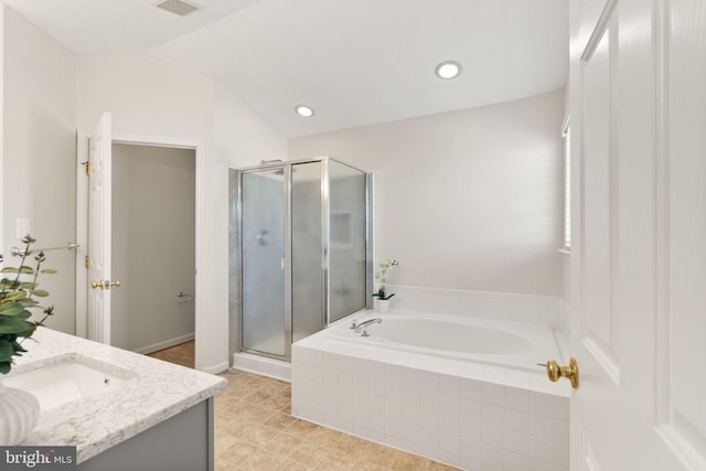 full bath featuring lofted ceiling, a garden tub, recessed lighting, vanity, and a shower stall