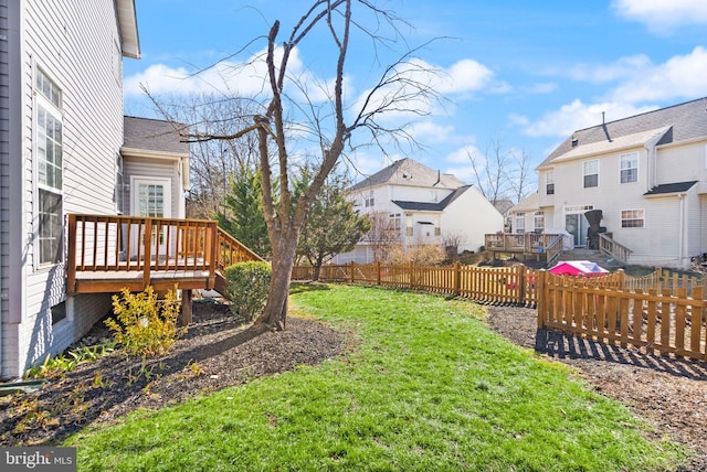 view of yard featuring a fenced backyard, a residential view, and a deck