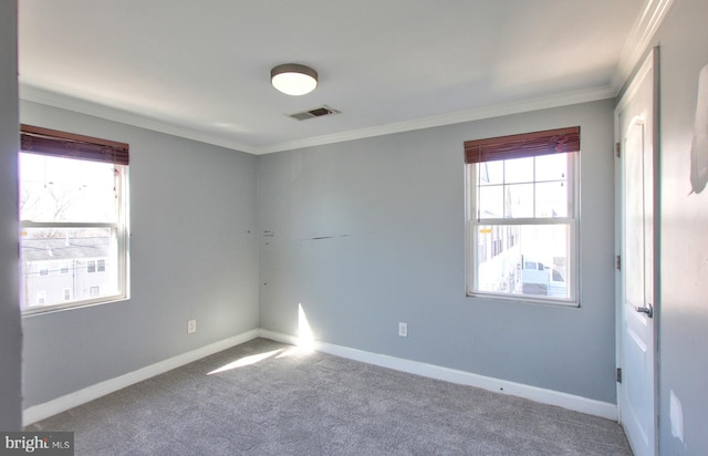 empty room with ornamental molding and carpet floors