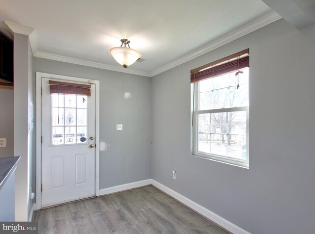 entryway featuring ornamental molding and hardwood / wood-style floors