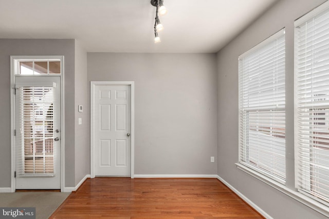 foyer entrance featuring hardwood / wood-style flooring, plenty of natural light, and track lighting