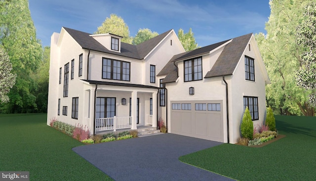 view of front of house with a garage, a front lawn, and a porch