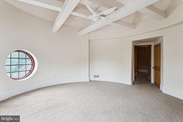 carpeted empty room with beamed ceiling, baseboards, and ceiling fan