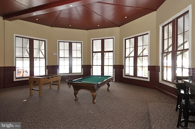 playroom with billiards, a wainscoted wall, wooden ceiling, carpet flooring, and recessed lighting