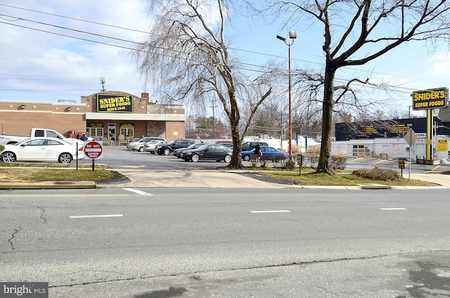 view of street with traffic signs, curbs, sidewalks, and street lights