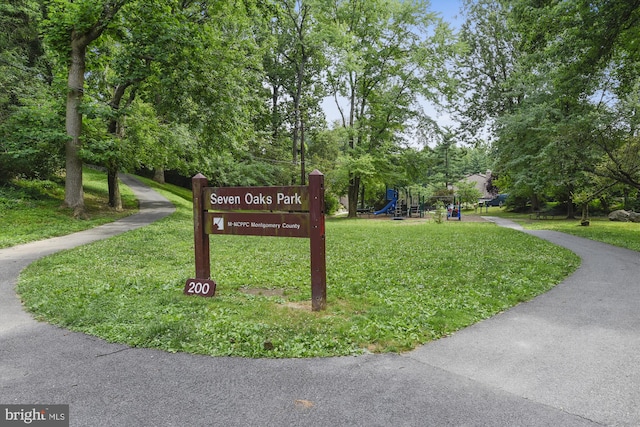 community sign featuring a yard