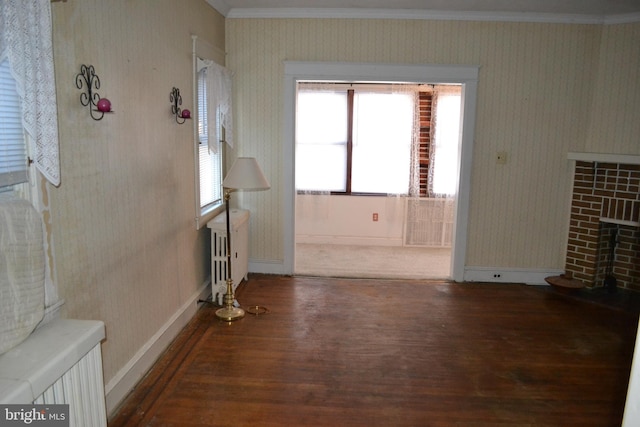 living room featuring wood-type flooring, ornamental molding, radiator heating unit, and a fireplace