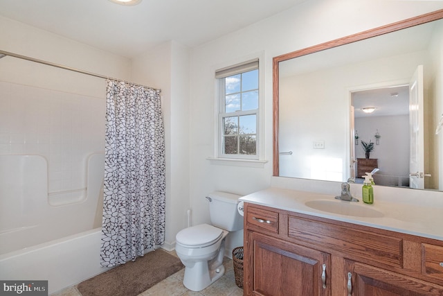 full bathroom with tile patterned floors, vanity, toilet, and shower / tub combo with curtain