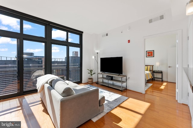 living room with floor to ceiling windows and hardwood / wood-style floors