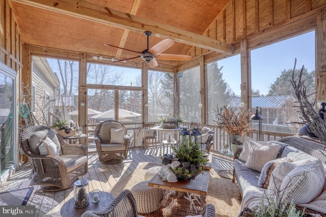 sunroom / solarium with wood ceiling, ceiling fan, and lofted ceiling