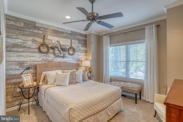 bedroom with light colored carpet, ornamental molding, and ceiling fan