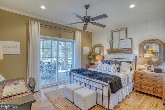 bedroom featuring ornamental molding, access to outside, ceiling fan, and light hardwood / wood-style floors