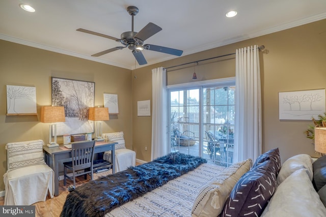 bedroom with crown molding, ceiling fan, and hardwood / wood-style floors