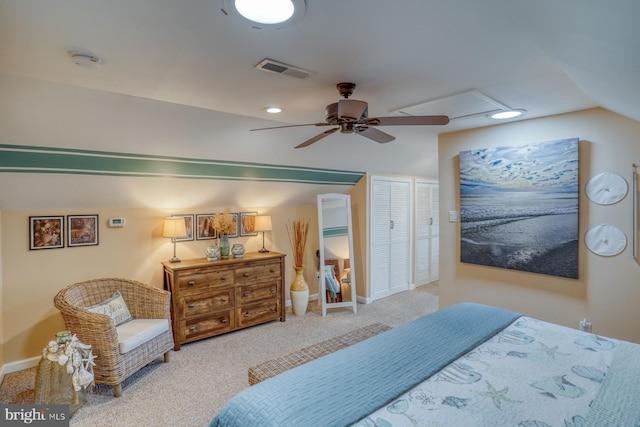 carpeted bedroom featuring ceiling fan