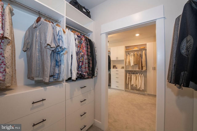 spacious closet featuring light carpet