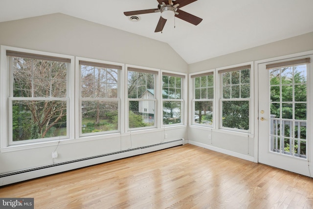unfurnished sunroom with visible vents, a wooden deck, wood finished floors, a baseboard radiator, and lofted ceiling