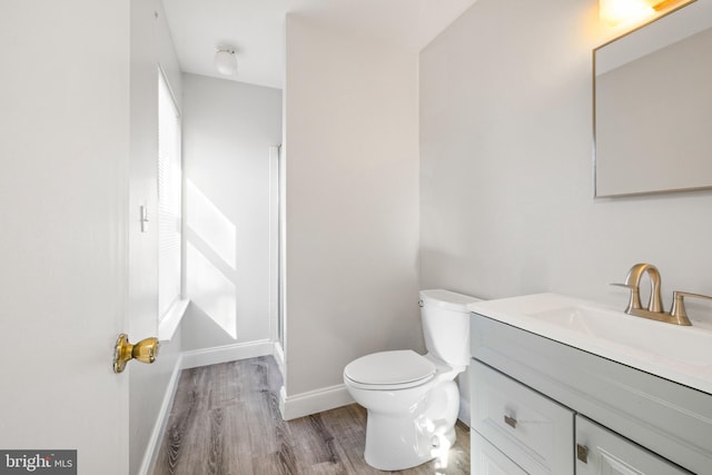 bathroom featuring vanity, wood-type flooring, and toilet