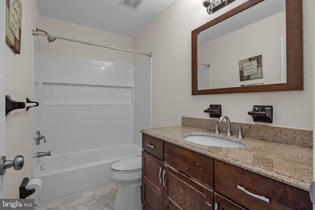 full bathroom featuring bathing tub / shower combination, vanity, and toilet