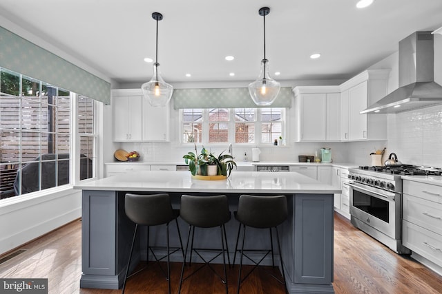 kitchen featuring wall chimney exhaust hood, wood finished floors, stainless steel range, and a kitchen island