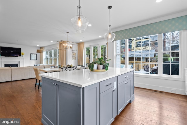 kitchen featuring a fireplace, gray cabinets, a wealth of natural light, and open floor plan