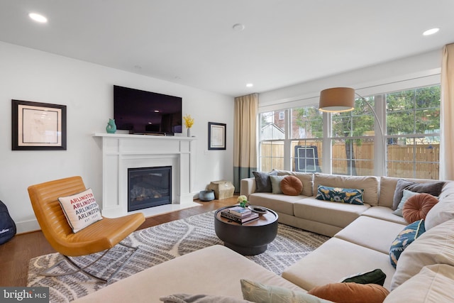 living room with a glass covered fireplace, recessed lighting, and wood finished floors