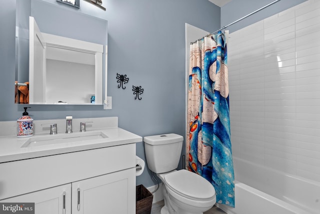 full bathroom with toilet, shower / bathtub combination with curtain, and vanity