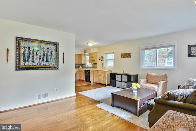 living room featuring sink and light hardwood / wood-style flooring