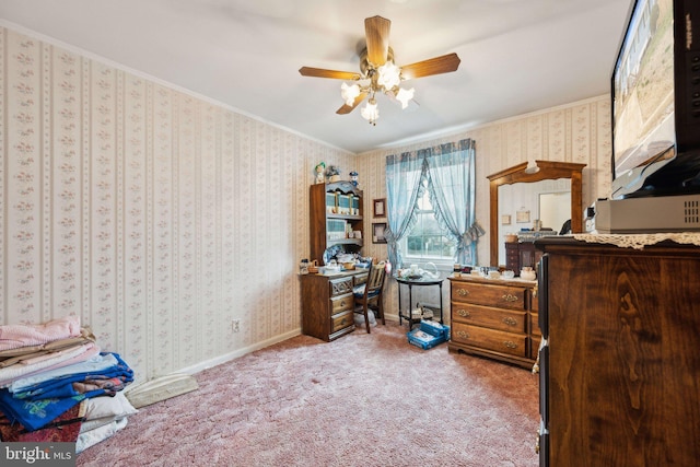 bedroom with ornamental molding, carpet, baseboards, and wallpapered walls