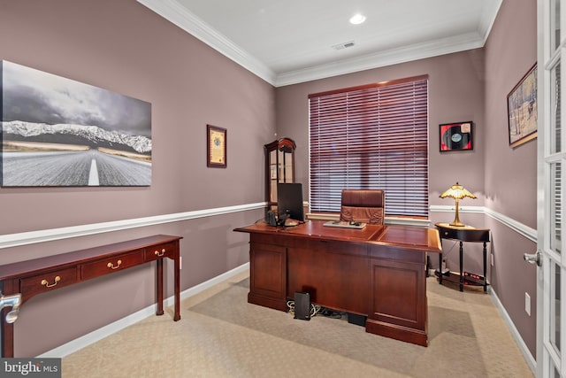 carpeted office with crown molding