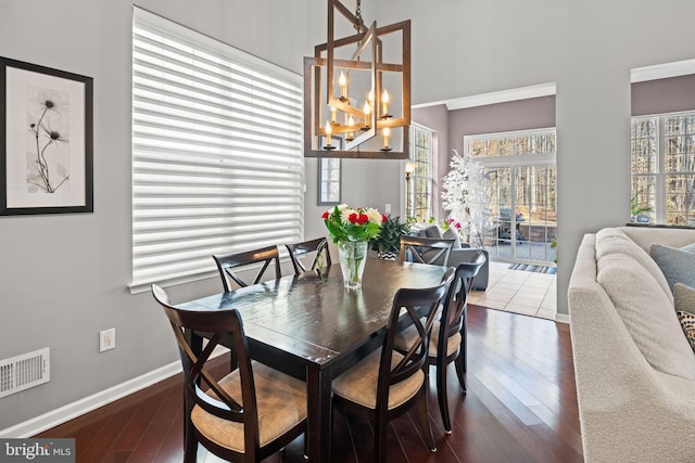 dining room with a healthy amount of sunlight, dark wood-type flooring, and a notable chandelier