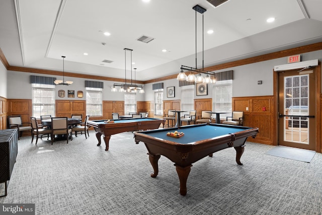 rec room featuring a tray ceiling, ornamental molding, billiards, and light colored carpet