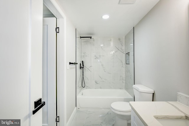 full bath featuring toilet, shower / tub combination, marble finish floor, vanity, and recessed lighting