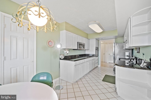 kitchen featuring a textured ceiling, open shelves, white cabinets, black appliances, and dark countertops