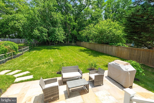 view of yard featuring a patio, a fenced backyard, and an outdoor living space