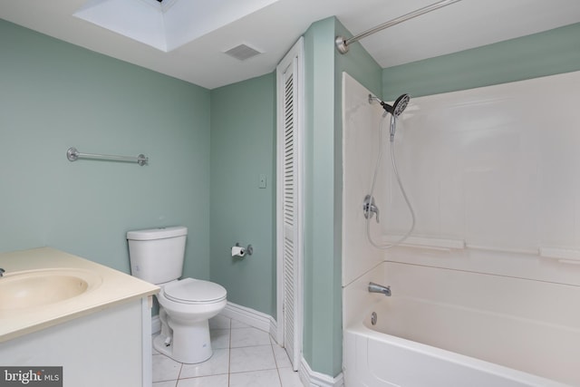 full bathroom featuring toilet, bathing tub / shower combination, a skylight, vanity, and tile patterned flooring