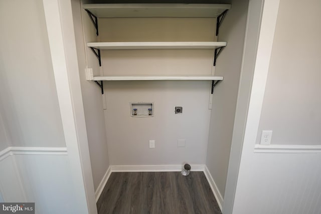 laundry room with hookup for a washing machine, electric dryer hookup, and dark wood-type flooring