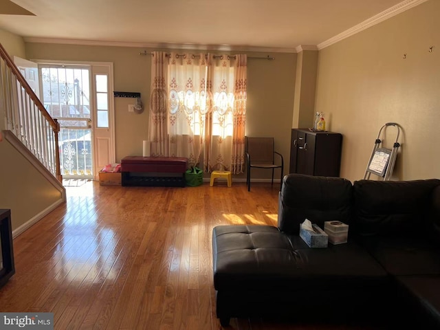 living room featuring ornamental molding and hardwood / wood-style floors