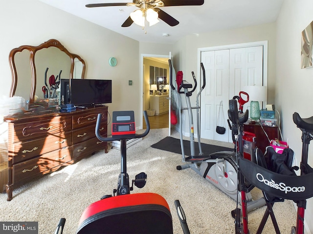 workout room with ceiling fan and carpet floors