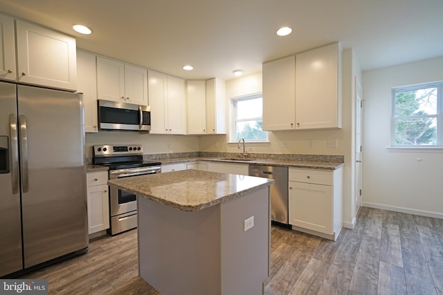 kitchen featuring stainless steel appliances, wood finished floors, a sink, and white cabinets