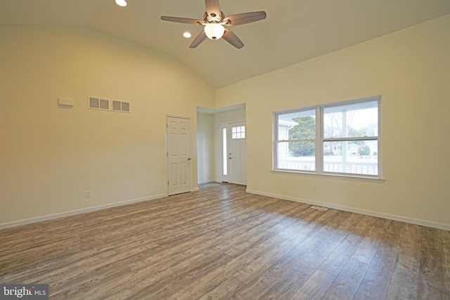 unfurnished room featuring baseboards, visible vents, a ceiling fan, wood finished floors, and recessed lighting