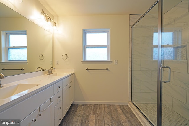 bathroom featuring a wealth of natural light, a shower stall, a sink, and wood finished floors