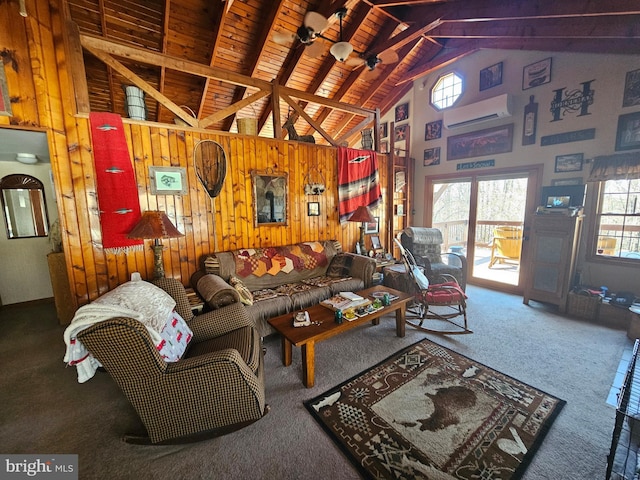 carpeted living room featuring an AC wall unit, wood ceiling, high vaulted ceiling, beamed ceiling, and wooden walls