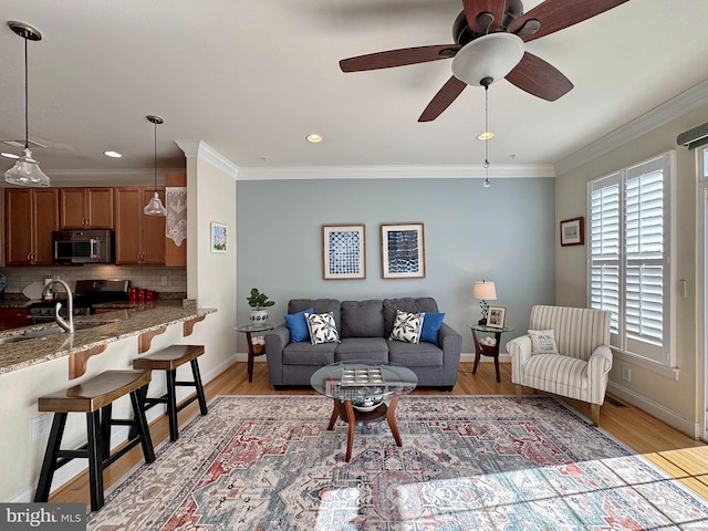 living area with light wood finished floors, crown molding, and baseboards