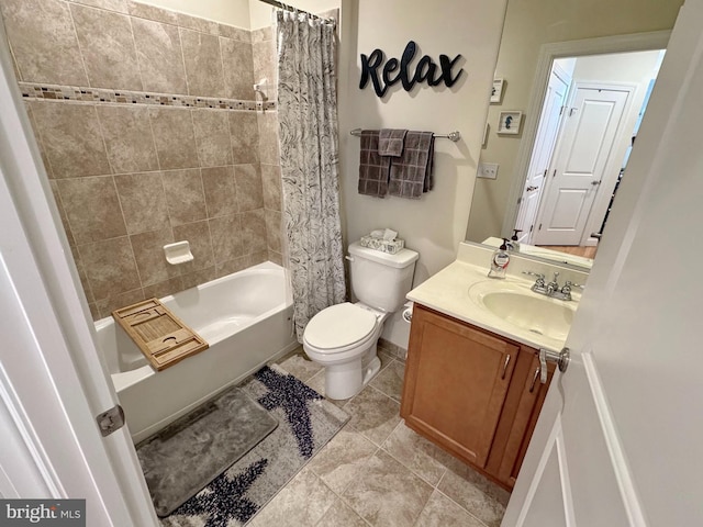 full bath featuring tile patterned flooring, toilet, vanity, and shower / bathtub combination with curtain