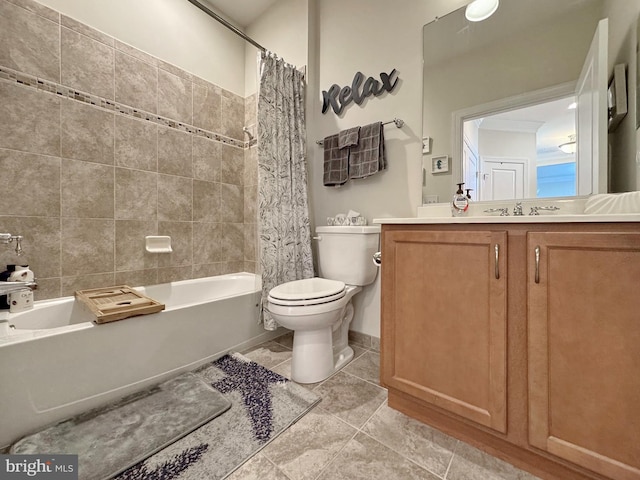 bathroom featuring vanity, toilet, and shower / tub combo with curtain